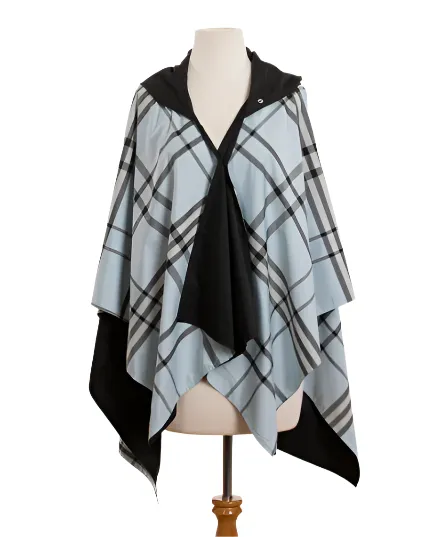 HOODED BLACK & LIGHT BLUE PLAID RAINRAP