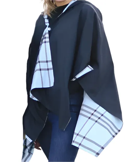 HOODED BLACK & LIGHT BLUE PLAID RAINRAP