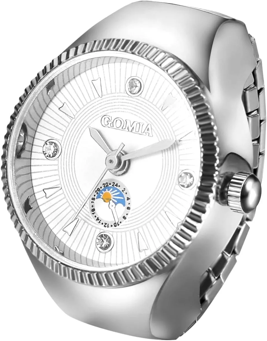 JewelryWe Unisex Finger Ring Watch: Men Women Gold Elastic Stretchable Band Round Dial Stainless Steel Quartz Ring Watches