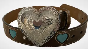 Ladies' Brown Leather Belt with In-Lay Blue Hearts - 1" Wide