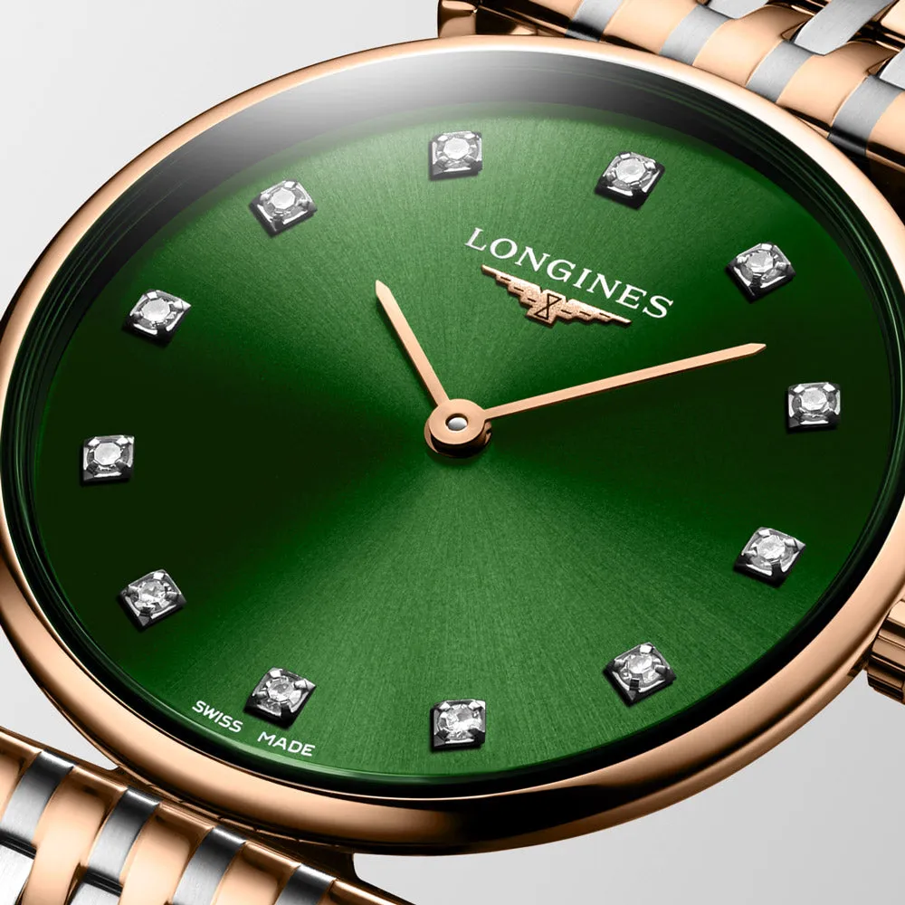 Longines La Grande Classique 29mm Green Diamond Dot Dial Red PVD Steel Ladies Quartz Watch L4.512.1.08.7