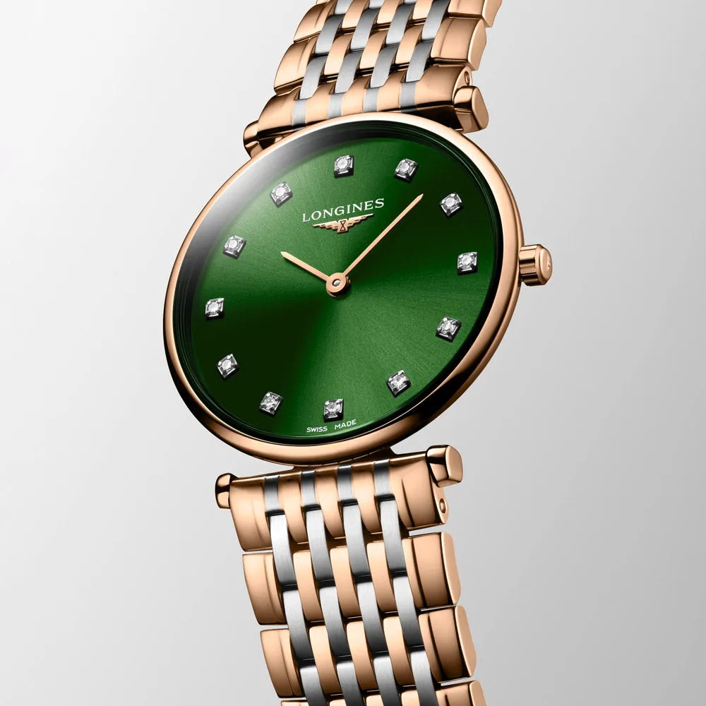 Longines La Grande Classique 29mm Green Diamond Dot Dial Red PVD Steel Ladies Quartz Watch L4.512.1.08.7