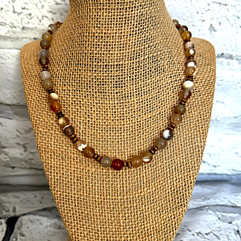 Mens Gray and Amber Agate and Wood Beaded Necklace