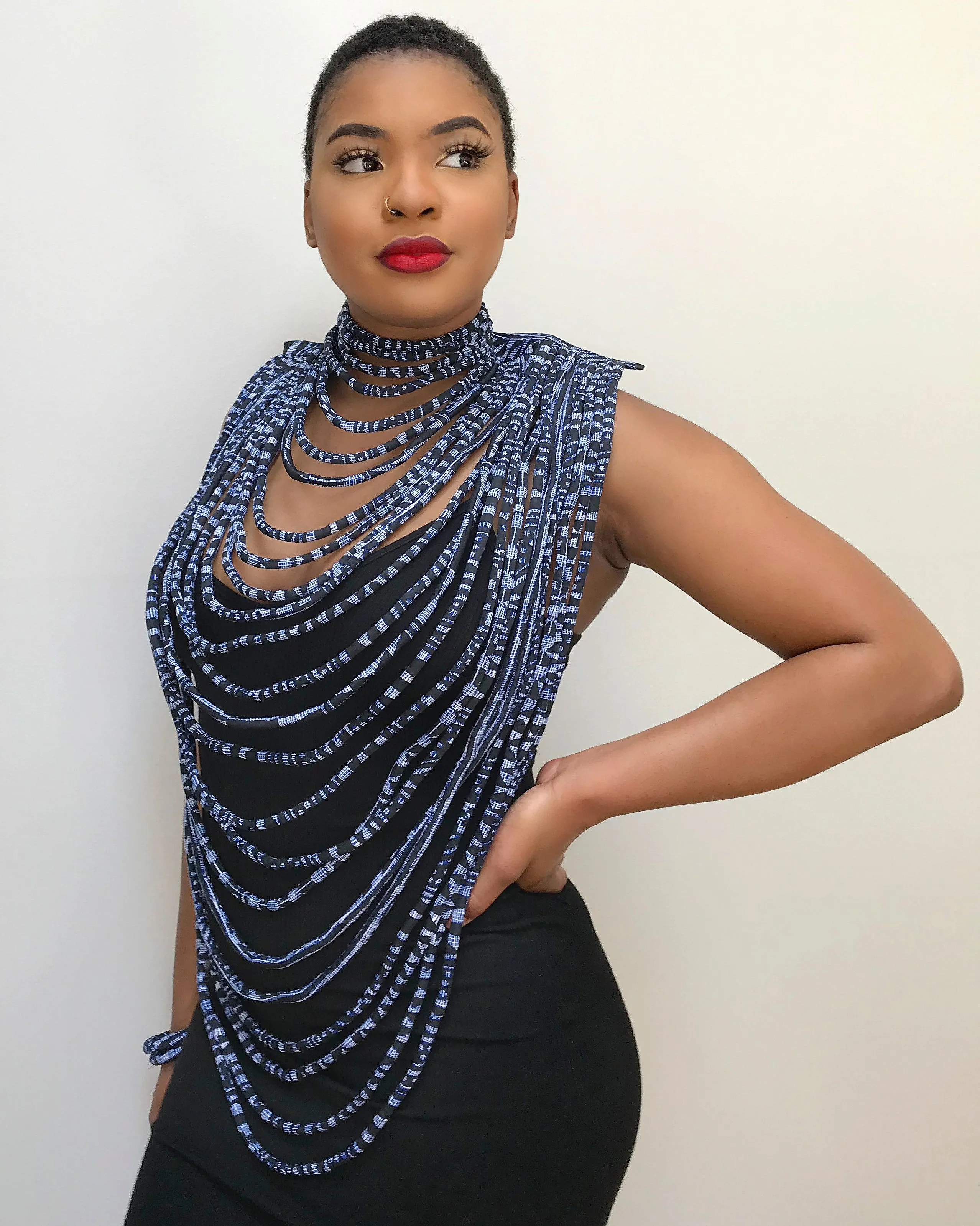 Navy Ndop Print Multi-Strand Statement 24 Lines