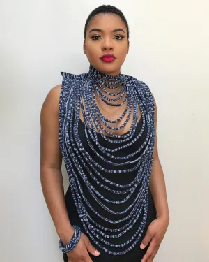 Navy Ndop Print Multi-Strand Statement 24 Lines