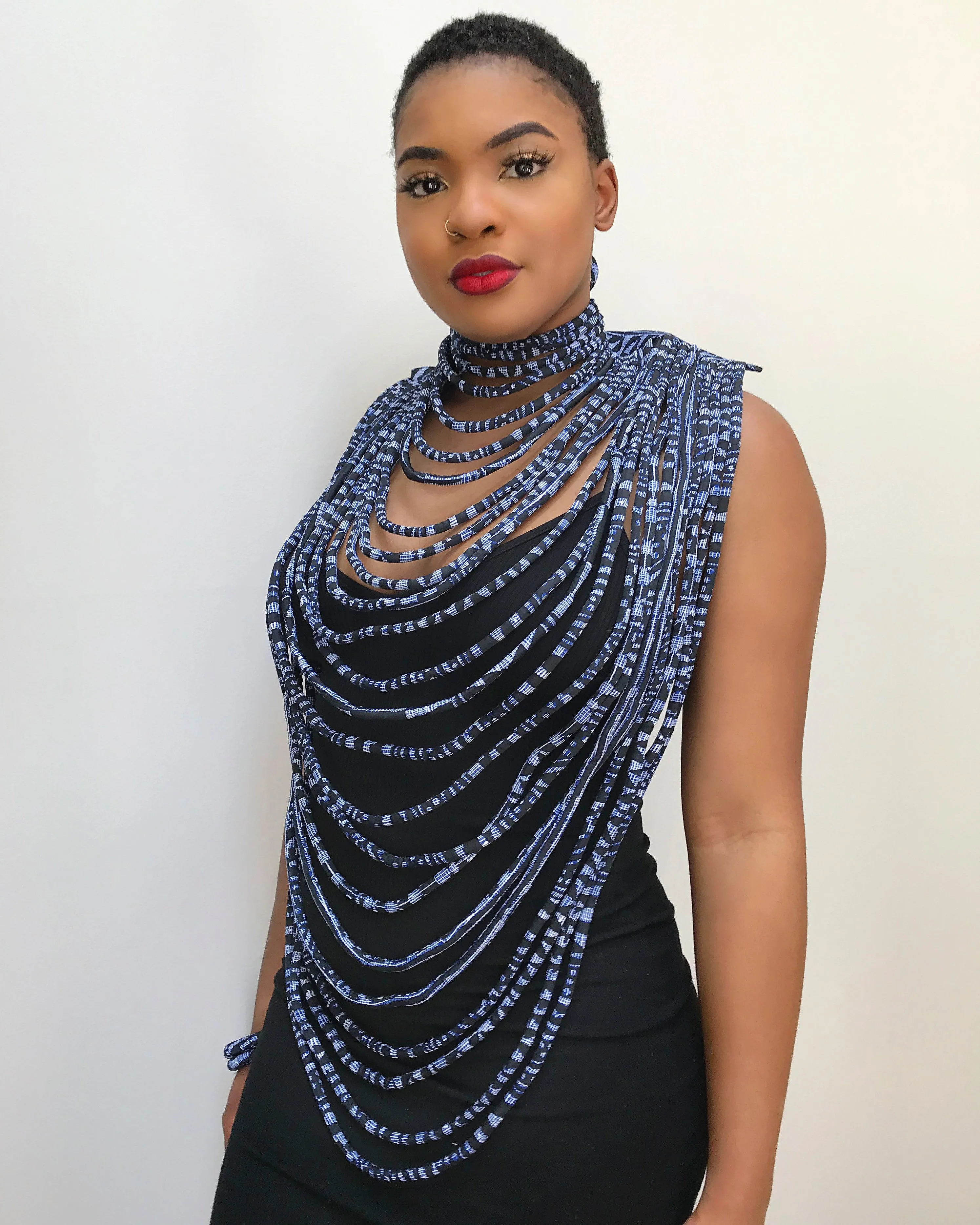 Navy Ndop Print Multi-Strand Statement 24 Lines