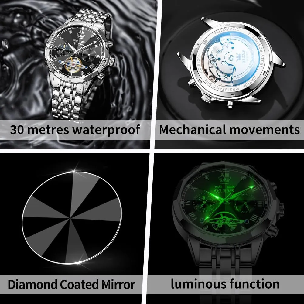 OLEVS Watches for Men Automatic Mechanical Luxury Dress Big Face Self Winding Tourbillon Skeleton Luminous Wrist Watches