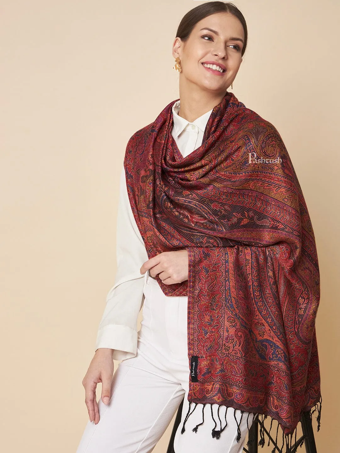 Pashtush Womens Bamboo Stole, Extra Soft Jamawar Paisley Design, Multicolour