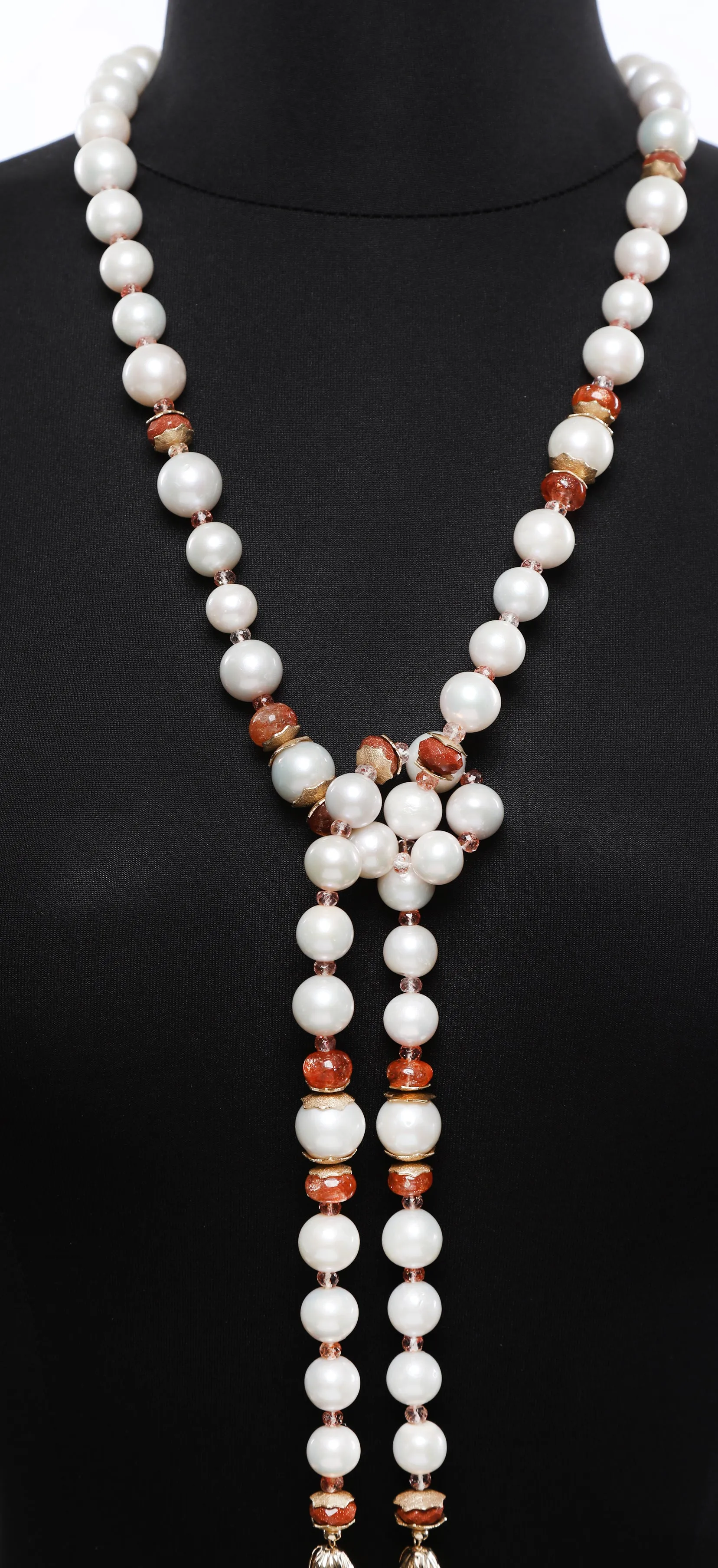 Pearl, Sunstone, Goldstone, and Gold Sautoir