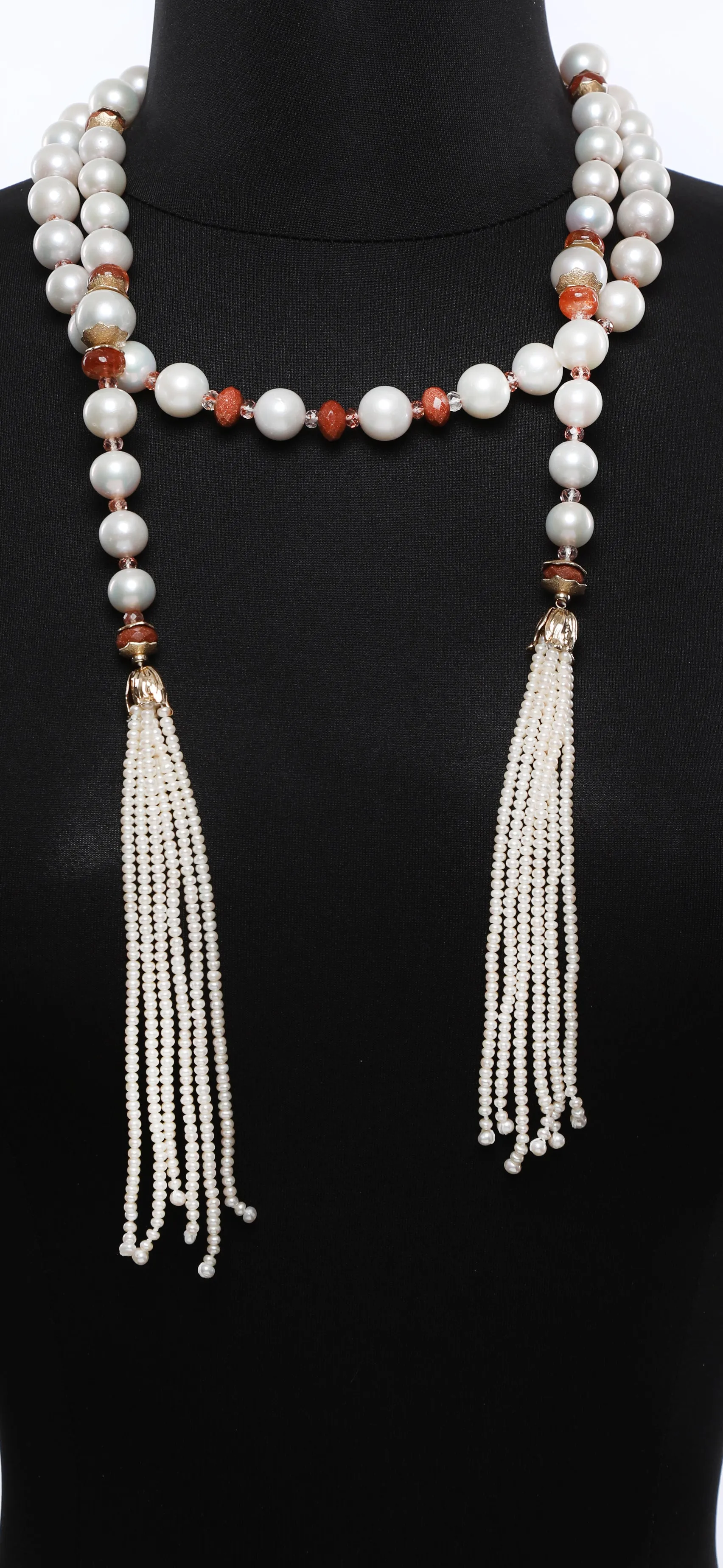 Pearl, Sunstone, Goldstone, and Gold Sautoir
