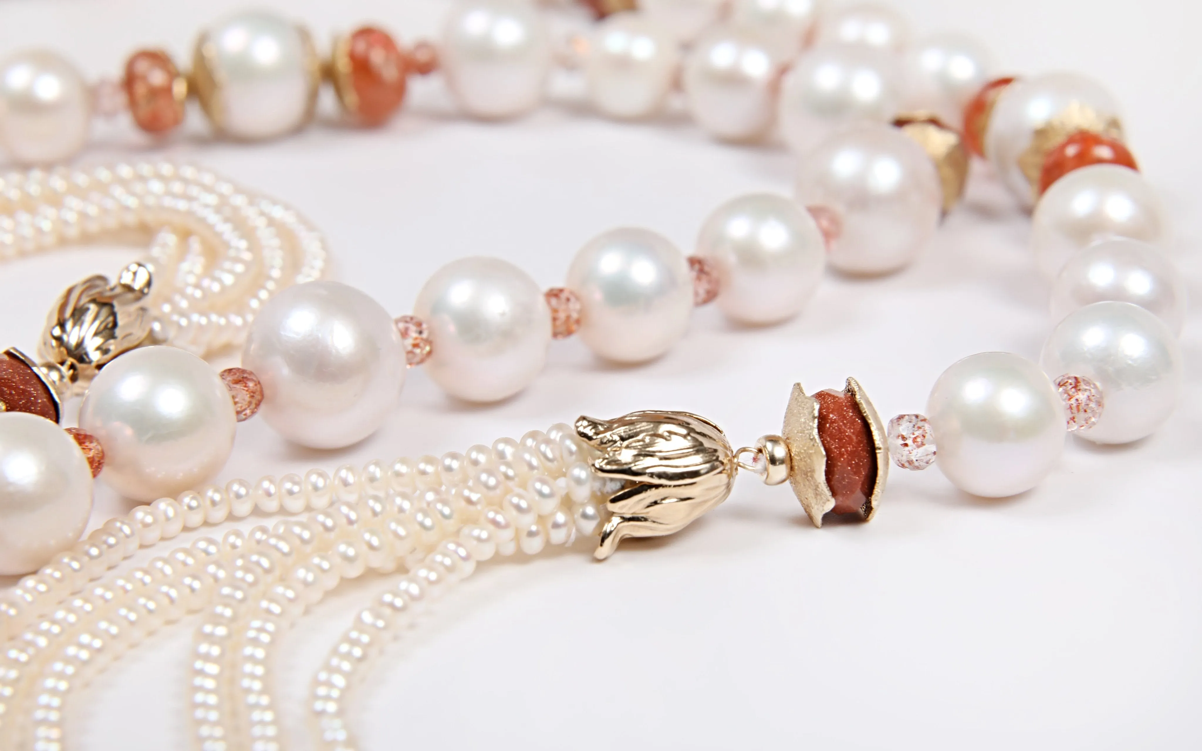 Pearl, Sunstone, Goldstone, and Gold Sautoir
