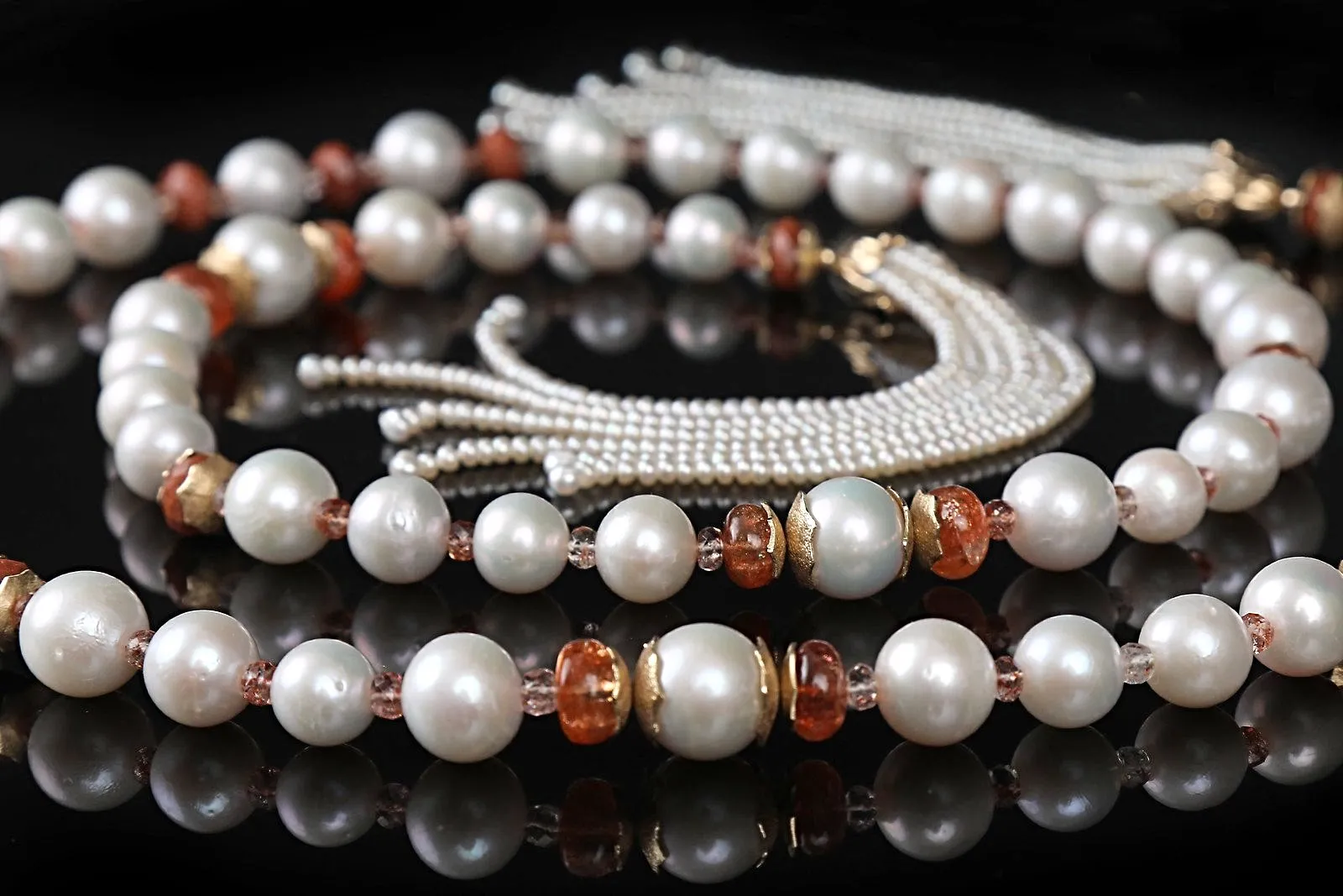 Pearl, Sunstone, Goldstone, and Gold Sautoir