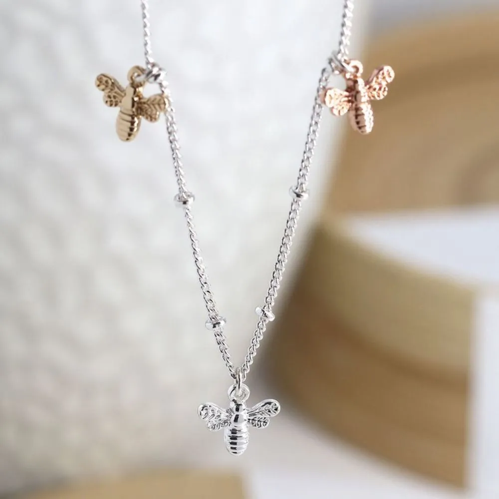 POM 16" Silver Plated Necklace with Triple Mixed Finish Bee Charms