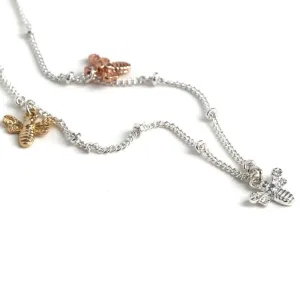 POM 16" Silver Plated Necklace with Triple Mixed Finish Bee Charms