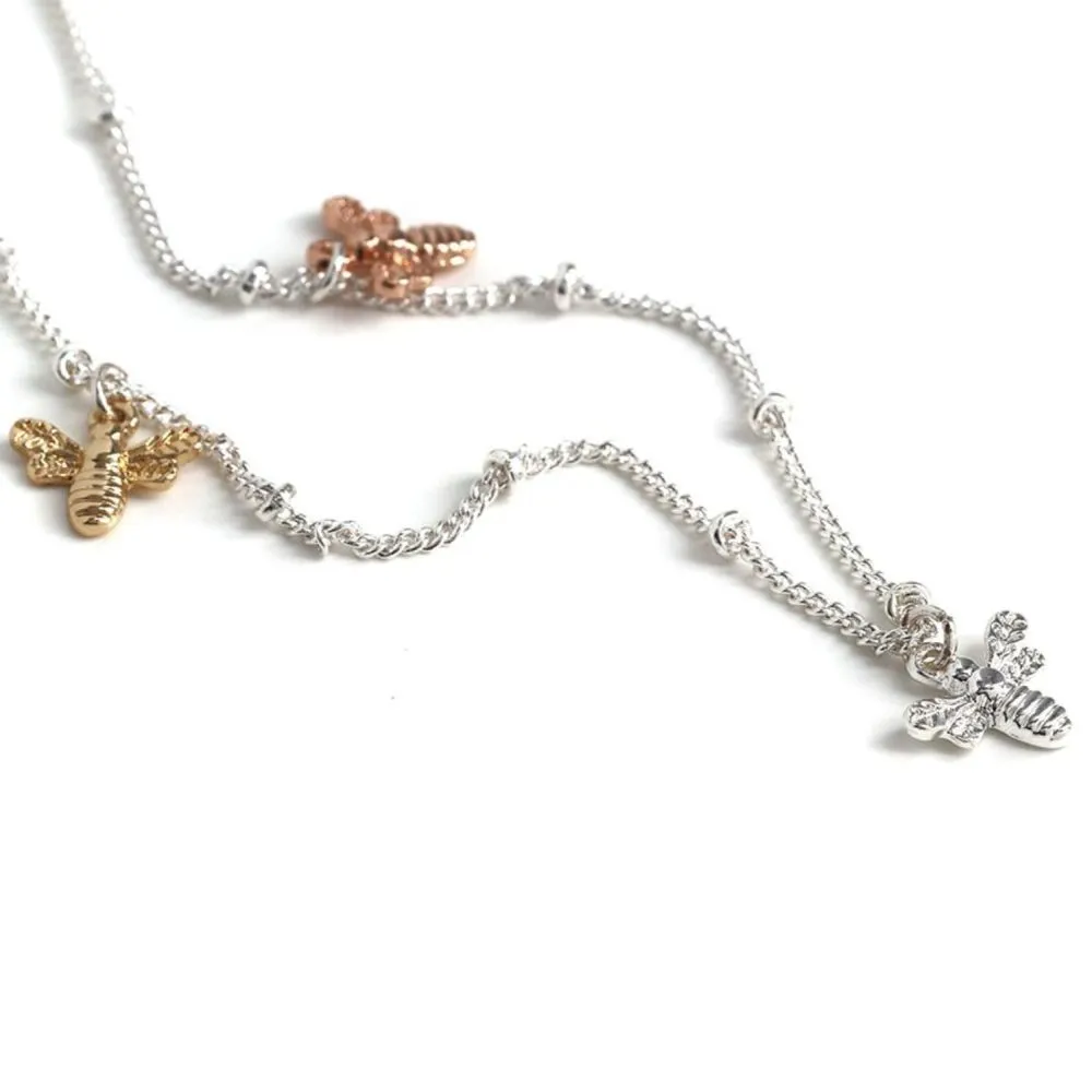 POM 16" Silver Plated Necklace with Triple Mixed Finish Bee Charms