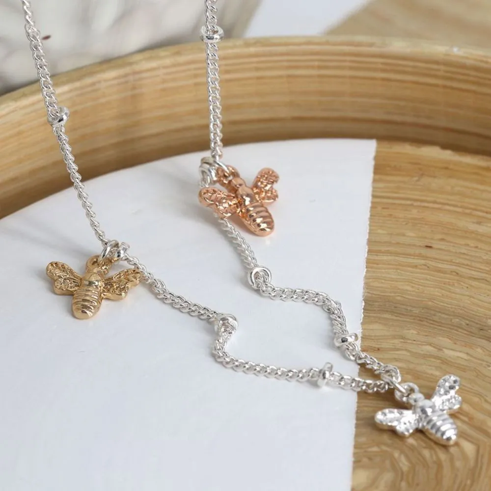 POM 16" Silver Plated Necklace with Triple Mixed Finish Bee Charms