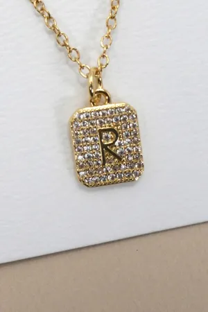 Rhinestone Initial Necklace Gold R