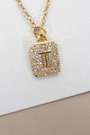 Rhinestone Initial Necklace Gold T