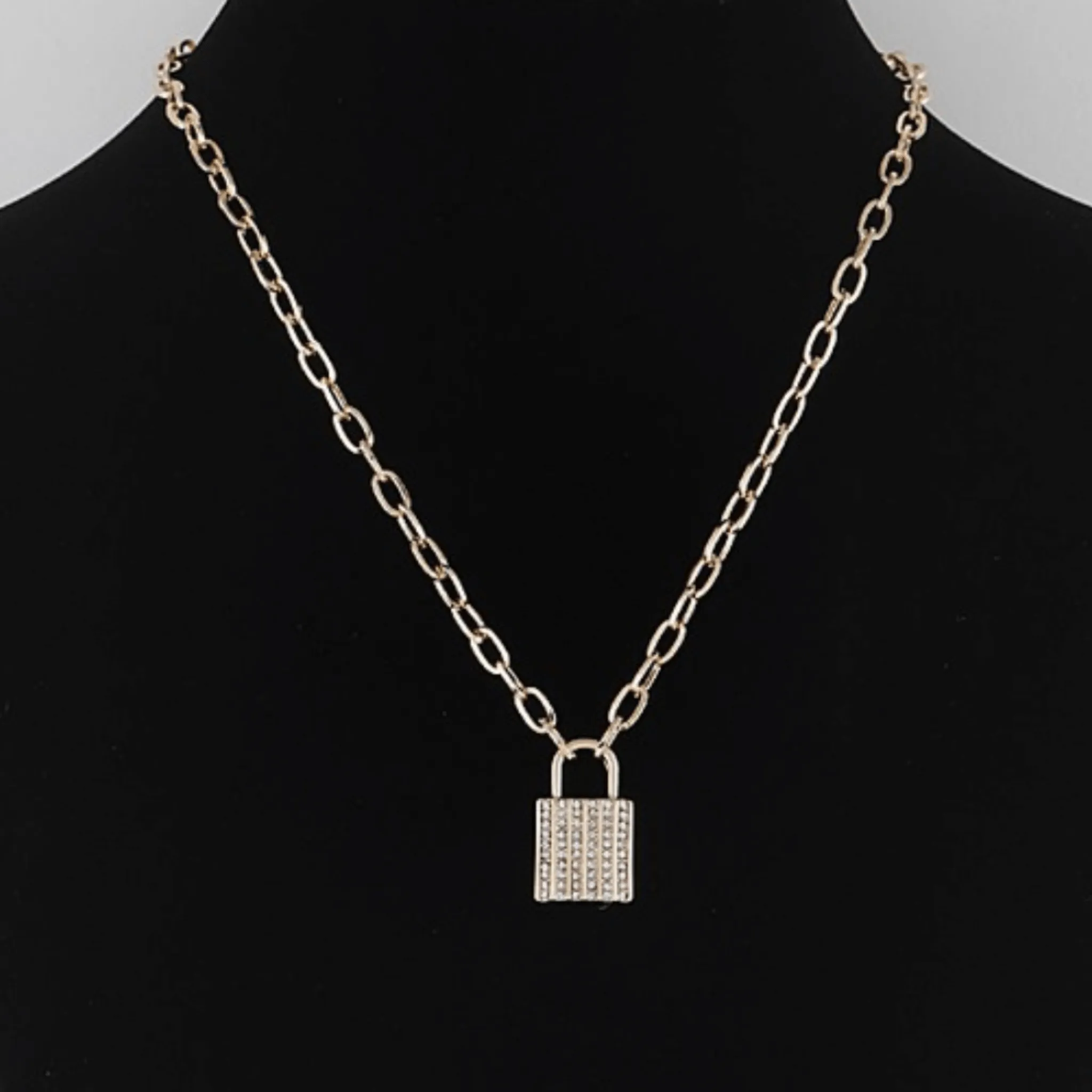 Rhinestone Lock Necklace - Gold