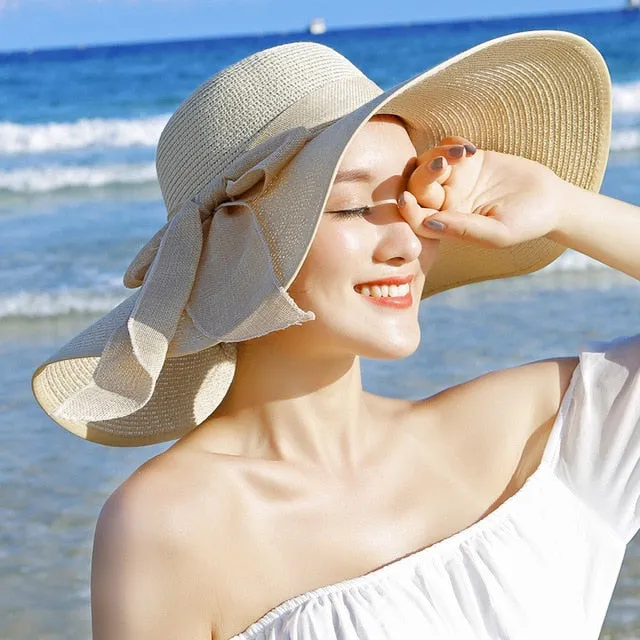 Summer Wide Brim Straw Hats Big Sun Hats For Women UV Protection Panama  Floppy Beach Hats Ladies Bow Hat Chapeau Femme