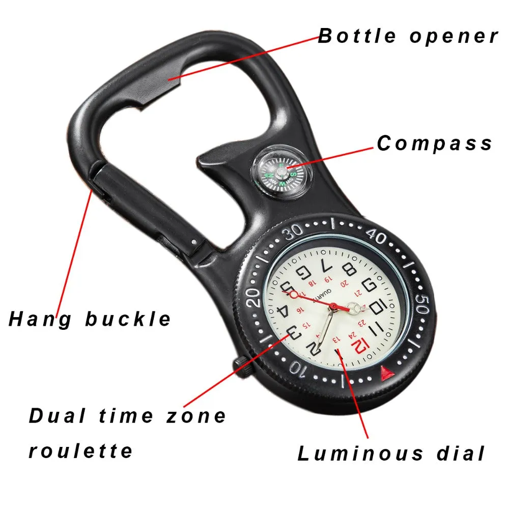 Unisex Compass Bottle Opener Clip-on Carabiner Outdoor Sports Pocket Watch