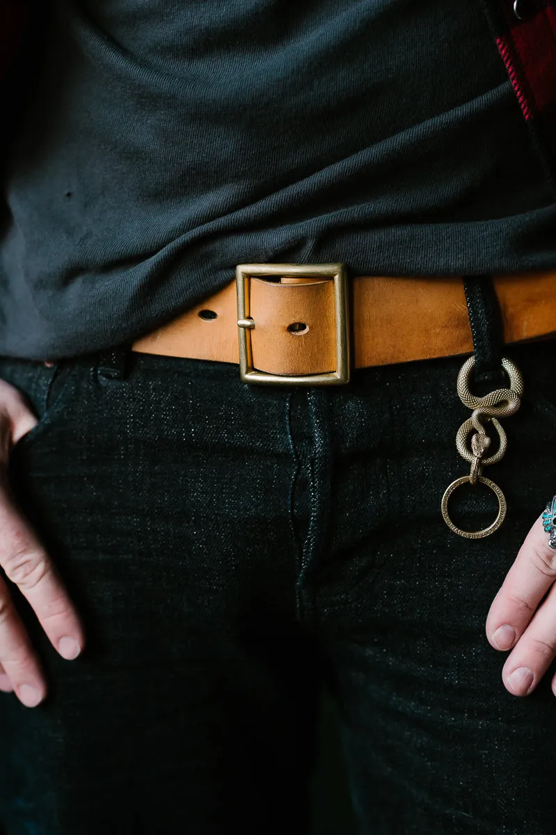 Vintage 1.75" Brass Buckle Leather Belt - Natural