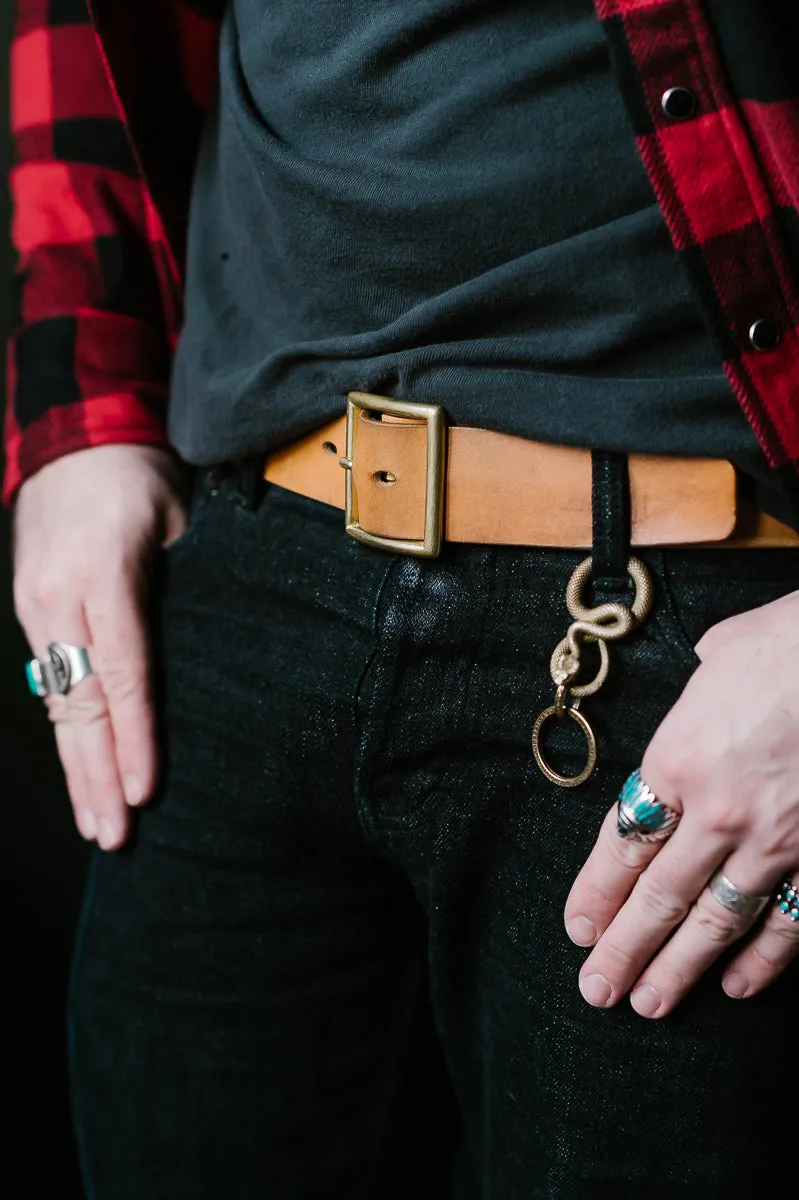Vintage 1.75" Brass Buckle Leather Belt - Natural