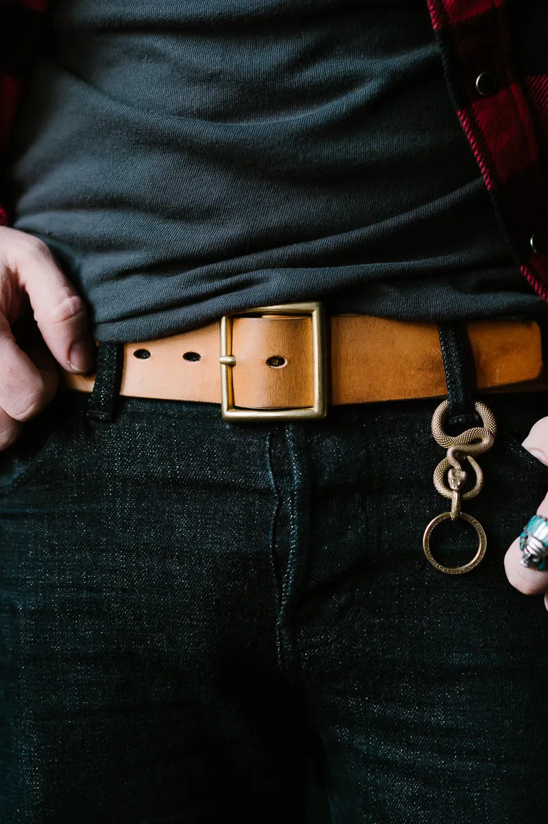 Vintage 1.75" Brass Buckle Leather Belt - Natural