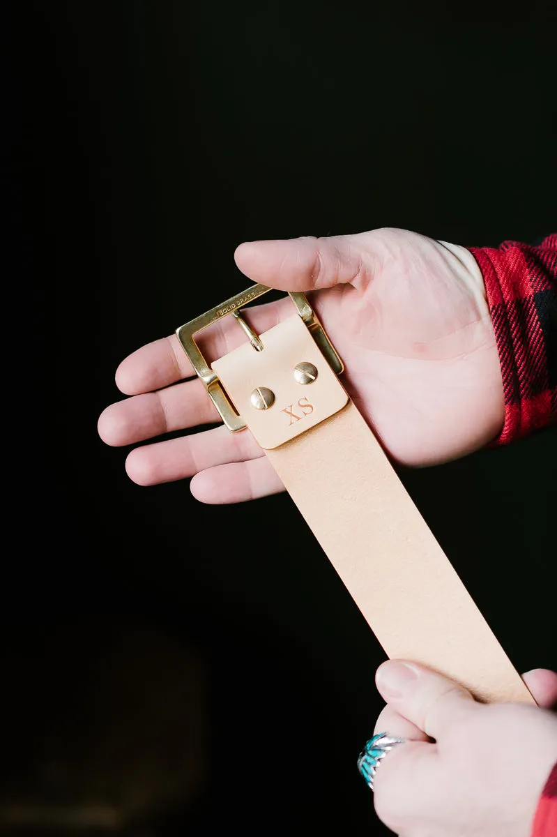 Vintage 1.75" Brass Buckle Leather Belt - Natural