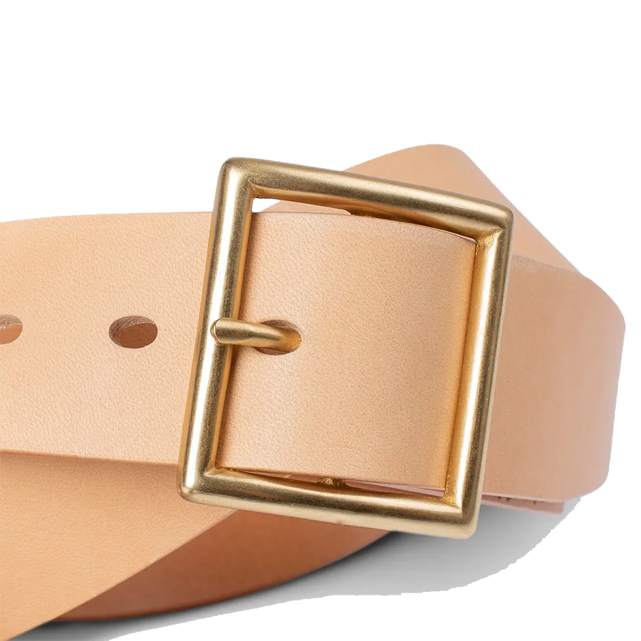 Vintage 1.75" Brass Buckle Leather Belt - Natural