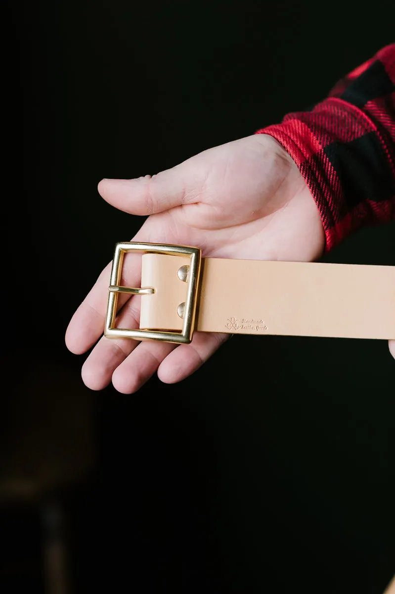 Vintage 1.75" Brass Buckle Leather Belt - Natural