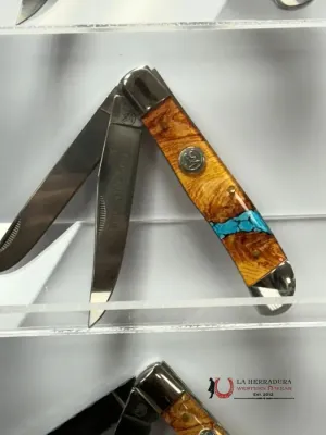 WHISKEY BENT NATURAL BURL WOOD GLOSSED TURQUOISE POCKET KNIFE