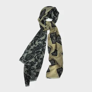 Wool Silk Double Panel Scarf in Paisley & Florets in Brown & Cream